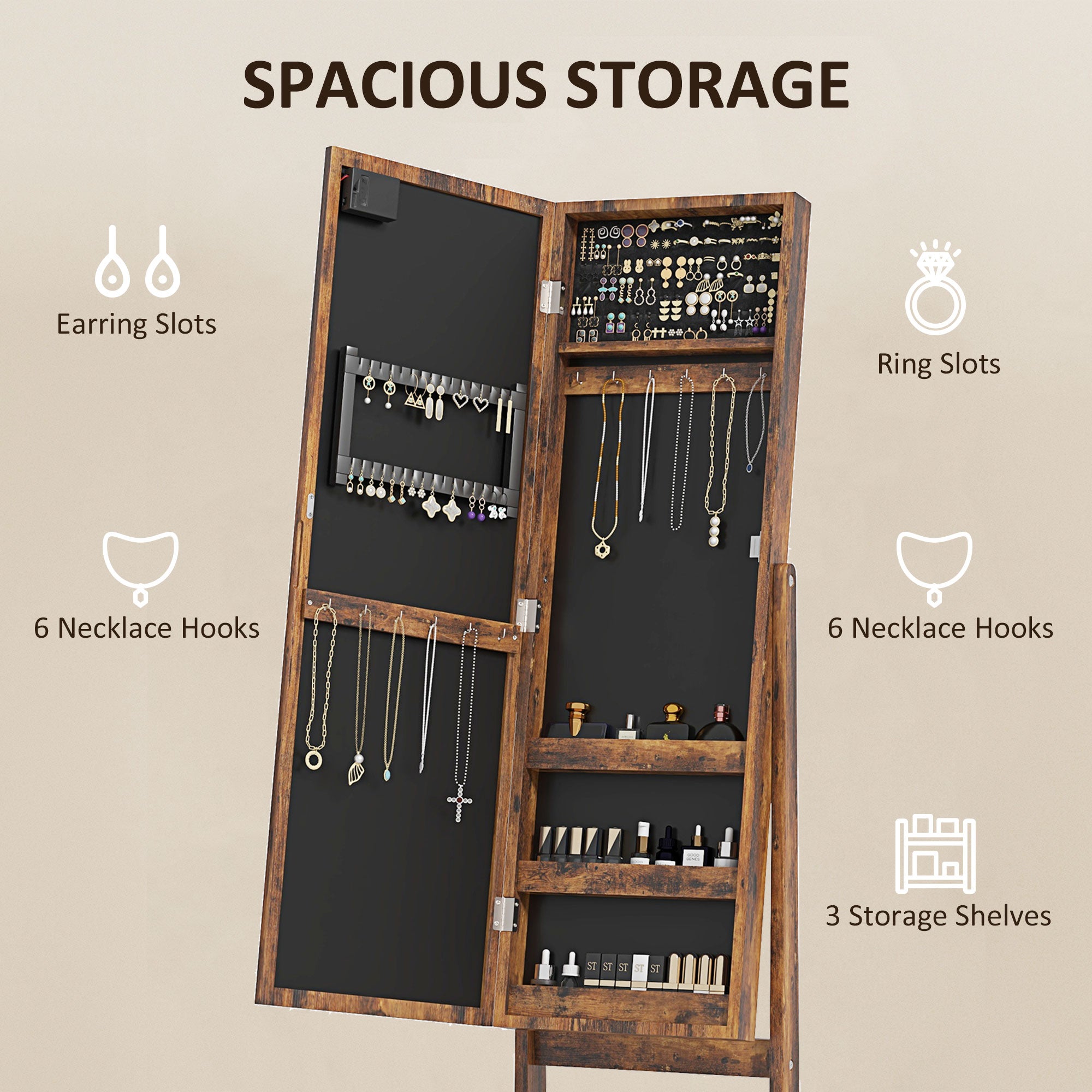 Mirrored Jewellery Storage Cabinet 36cm Wide - Velmora