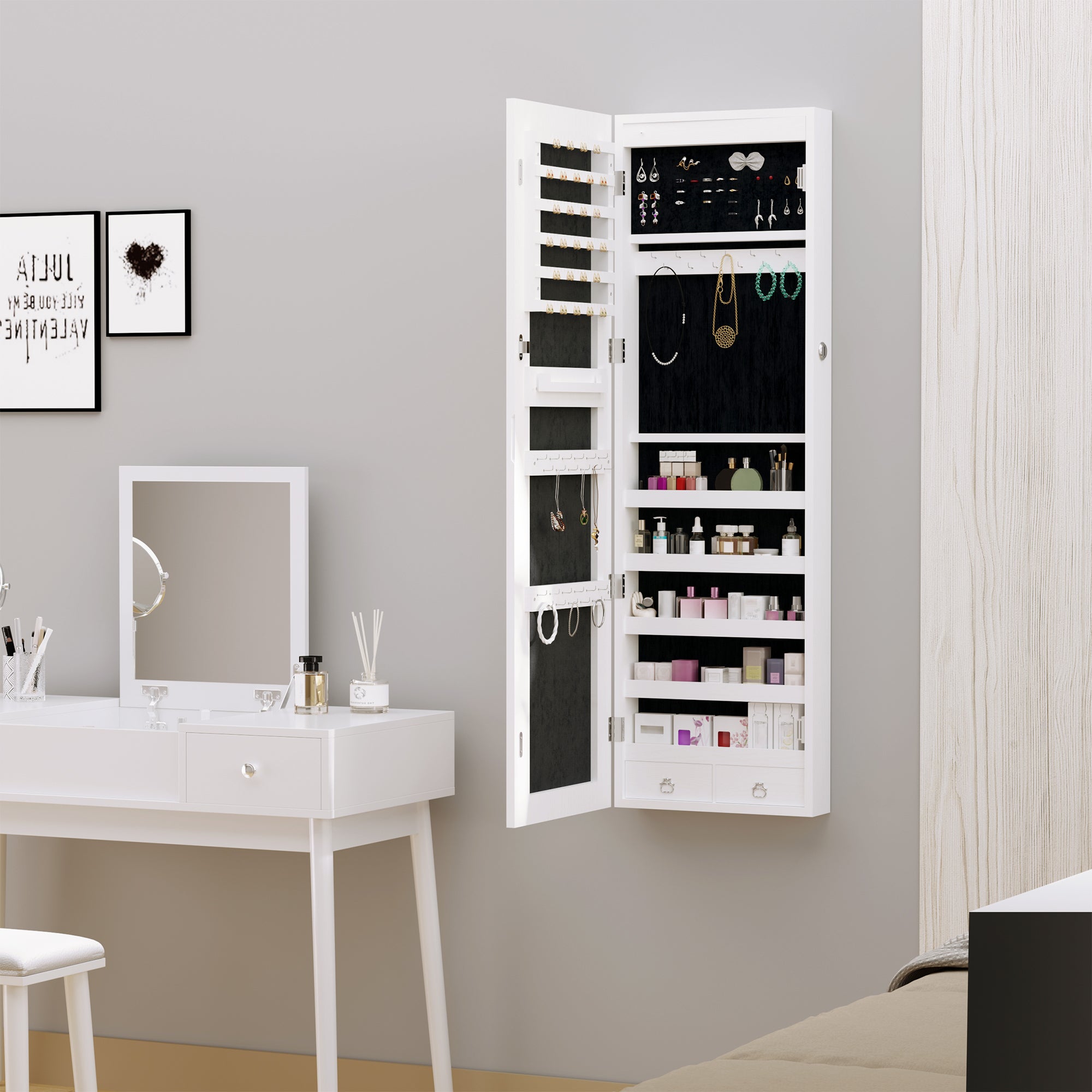 Mirrored Jewellery Storage Cabinet 37cm Wide Wall Hung With LED Lights - Velmora