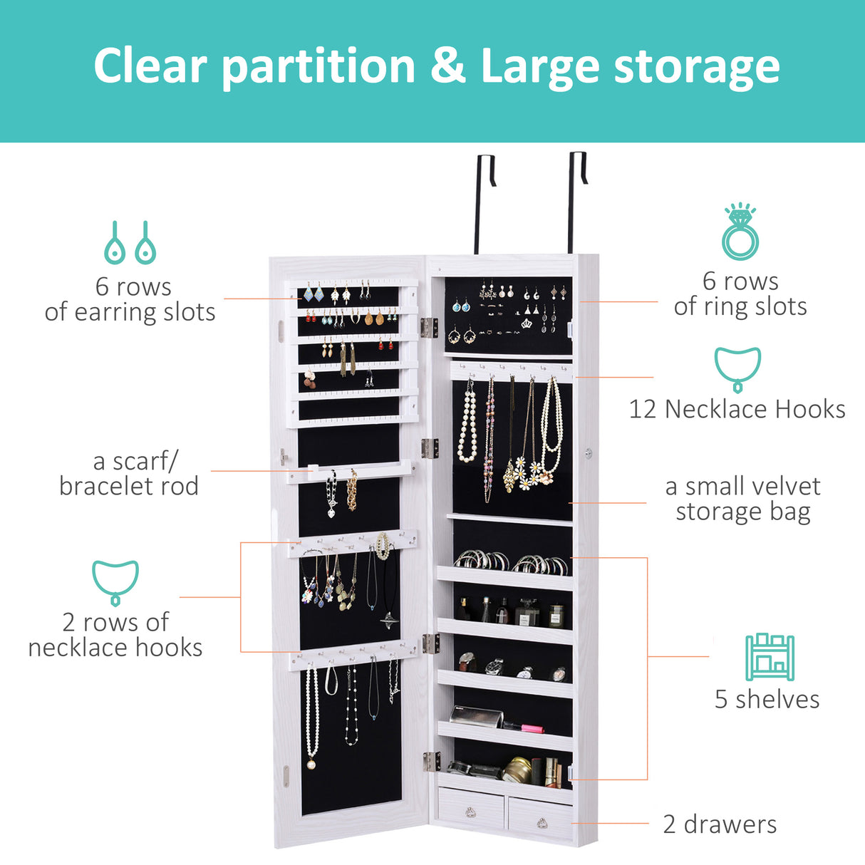 Mirrored Jewellery Storage Cabinet 37cm Wide Wall Hung With LED Lights - Velmora