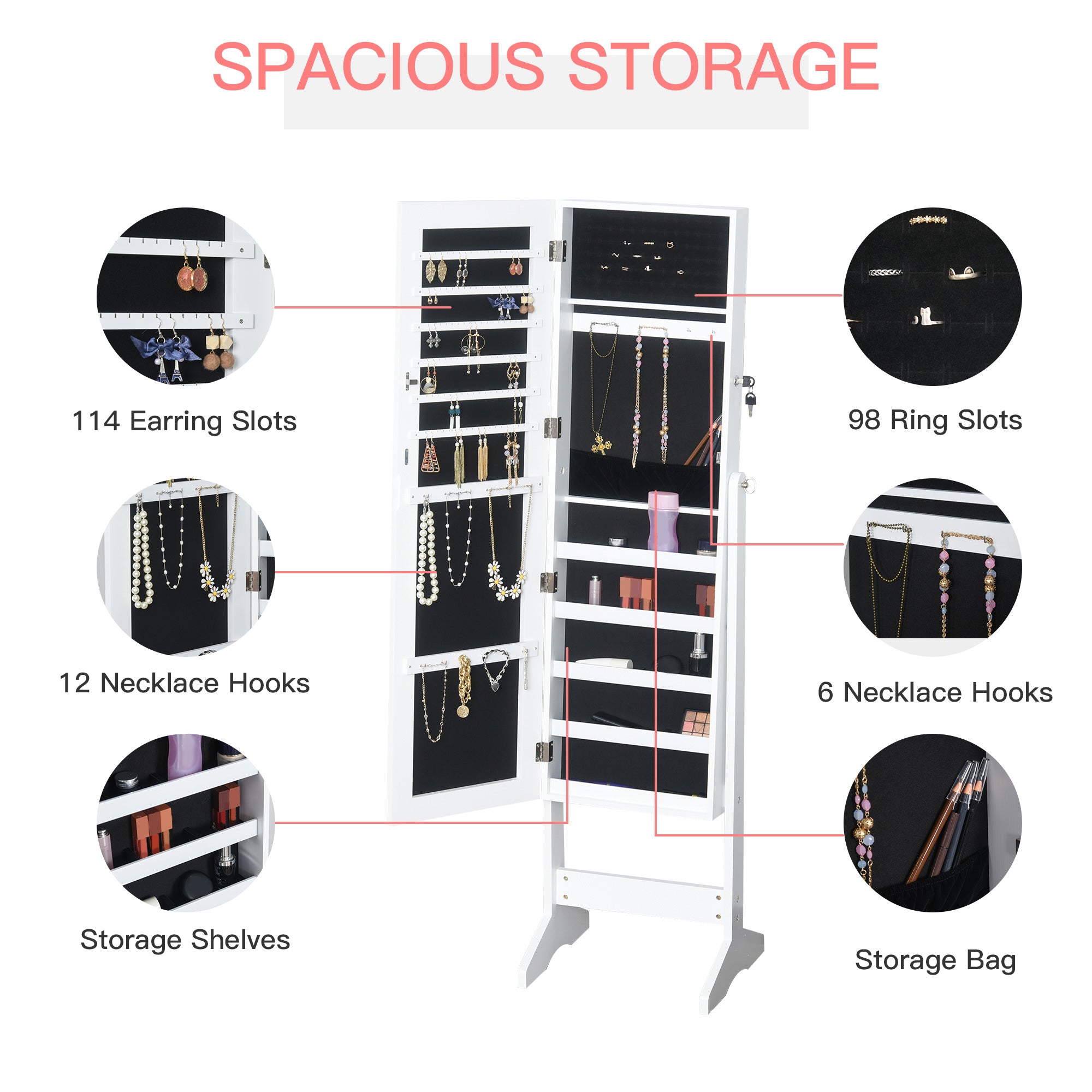 Mirrored Jewellery Storage Cabinet 41cm Wide - Velmora