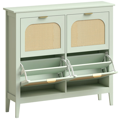 Wooden Shoe Storage Cabinet 105cm Wide With 4 Rattan Flip Doors - Velmora