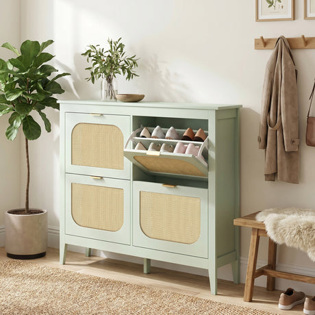 Wooden Shoe Storage Cabinet 105cm Wide With 4 Rattan Flip Doors - Velmora