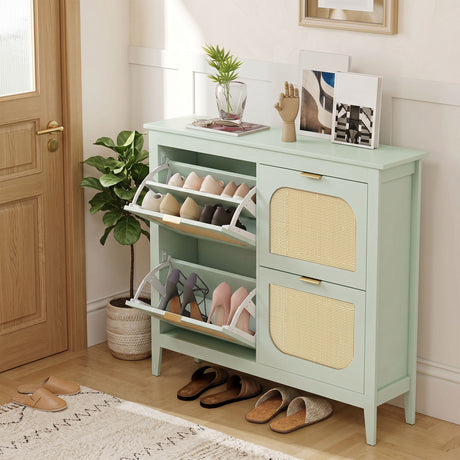 Wooden Shoe Storage Cabinet 105cm Wide With 4 Rattan Flip Doors - Velmora
