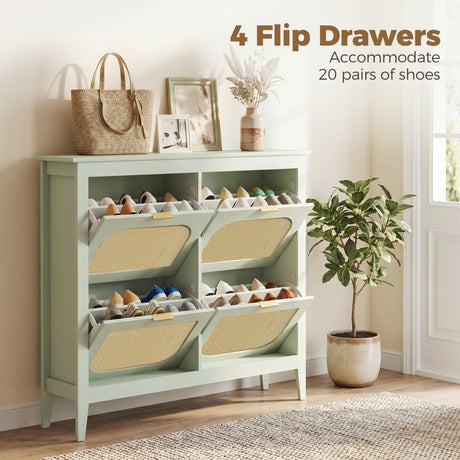 Wooden Shoe Storage Cabinet 105cm Wide With 4 Rattan Flip Doors - Velmora