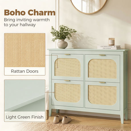 Wooden Shoe Storage Cabinet 105cm Wide With 4 Rattan Flip Doors - Velmora