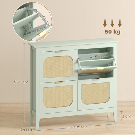Wooden Shoe Storage Cabinet 105cm Wide With 4 Rattan Flip Doors - Velmora
