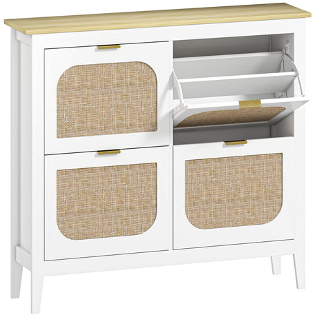 Wooden Shoe Storage Cabinet 105cm Wide With 4 Rattan Flip Doors - Velmora