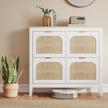 Wooden Shoe Storage Cabinet 105cm Wide With 4 Rattan Flip Doors - Velmora