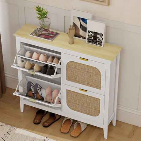 Wooden Shoe Storage Cabinet 105cm Wide With 4 Rattan Flip Doors - Velmora
