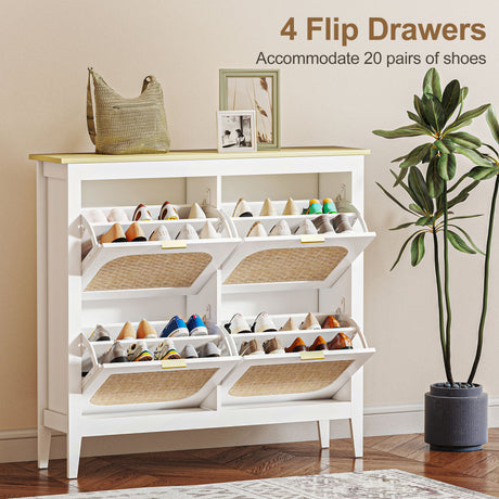 Wooden Shoe Storage Cabinet 105cm Wide With 4 Rattan Flip Doors - Velmora