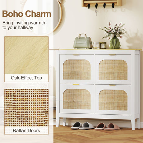 Wooden Shoe Storage Cabinet 105cm Wide With 4 Rattan Flip Doors - Velmora