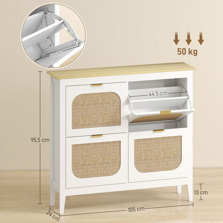 Wooden Shoe Storage Cabinet 105cm Wide With 4 Rattan Flip Doors - Velmora