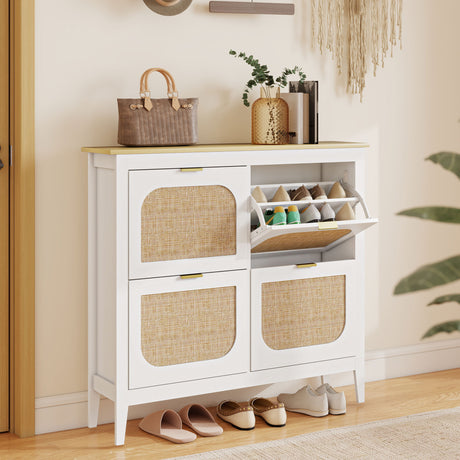Wooden Shoe Storage Cabinet 105cm Wide With 4 Rattan Flip Doors - Velmora