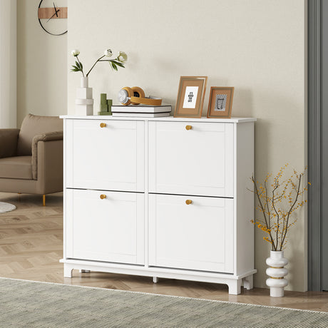 Wooden Shoe Storage Cabinet 119.5cm Wide With 4 Flip Doors - Velmora