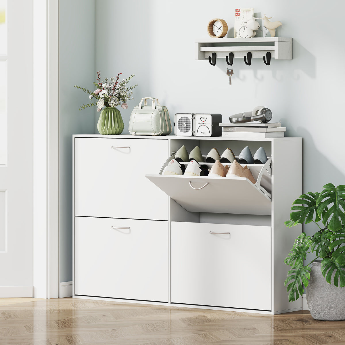 Wooden Shoe Storage Cabinet 120cm Wide With 4 Flip Doors - Velmora