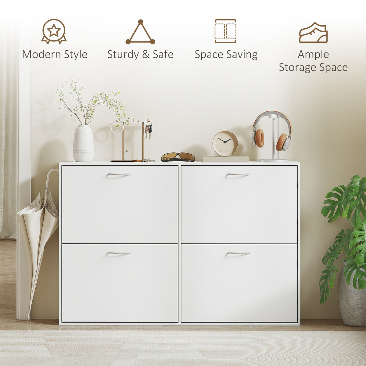 Wooden Shoe Storage Cabinet 120cm Wide With 4 Flip Doors - Velmora