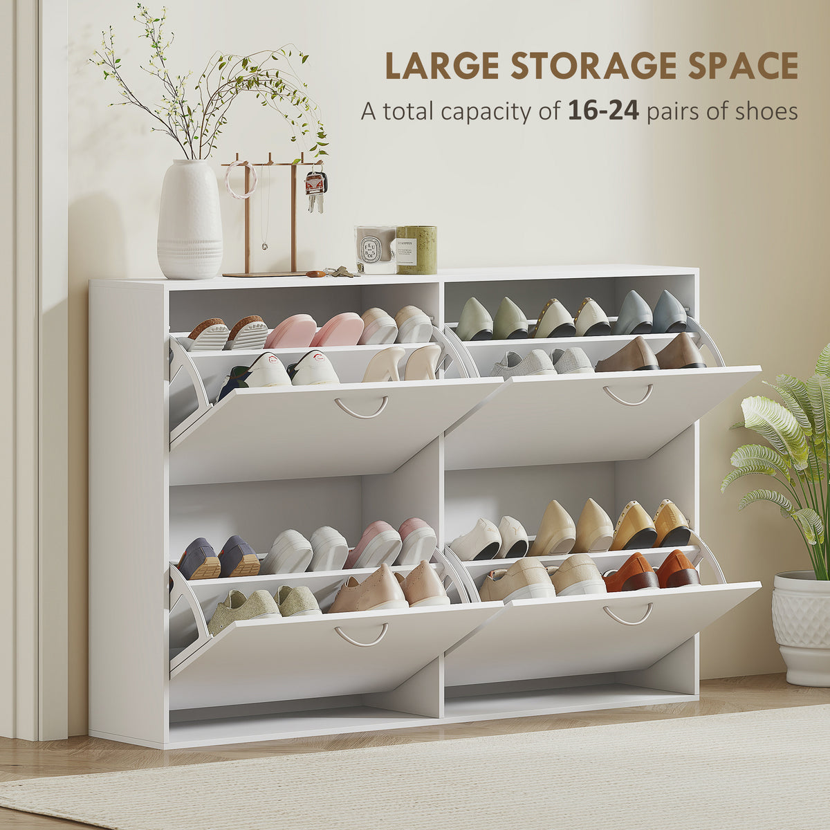 Wooden Shoe Storage Cabinet 120cm Wide With 4 Flip Doors - Velmora