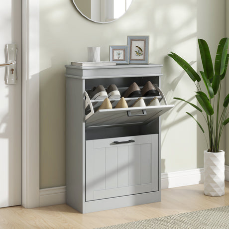 Wooden Shoe Storage Cabinet 54cm Wide With 2 Flip Doors - Velmora