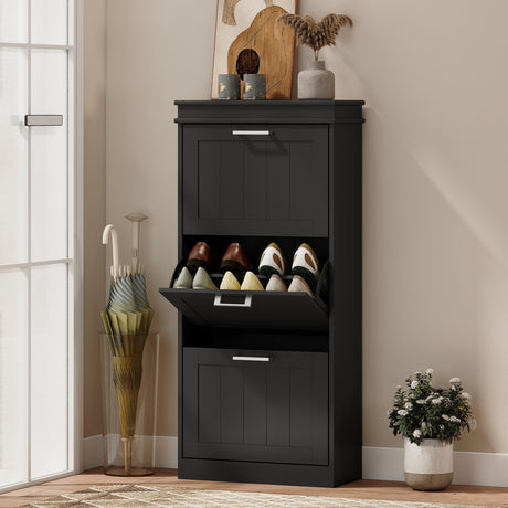 Wooden Shoe Storage Cabinet 54cm Wide With 3 Flip Doors - Velmora