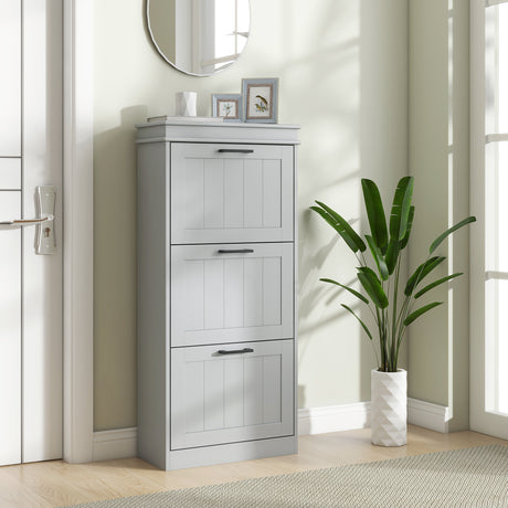 Wooden Shoe Storage Cabinet 54cm Wide With 3 Flip Doors - Velmora