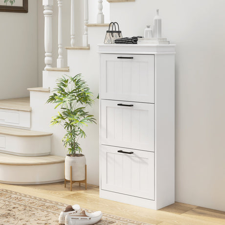 Wooden Shoe Storage Cabinet 54cm Wide With 3 Flip Doors - Velmora