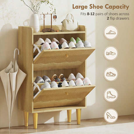 Wooden Shoe Storage Cabinet 60cm Wide Narrow With 2 Flip Doors - Velmora