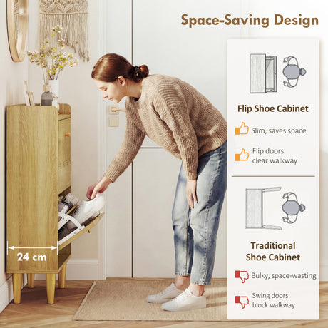 Wooden Shoe Storage Cabinet 60cm Wide Narrow With 2 Flip Doors - Velmora