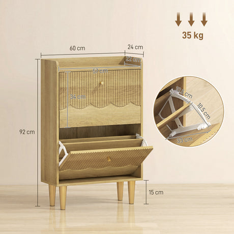 Wooden Shoe Storage Cabinet 60cm Wide Narrow With 2 Flip Doors - Velmora