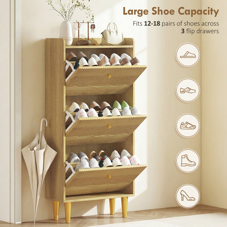 Wooden Shoe Storage Cabinet 60cm Wide Narrow With 3 Flip Doors - Velmora