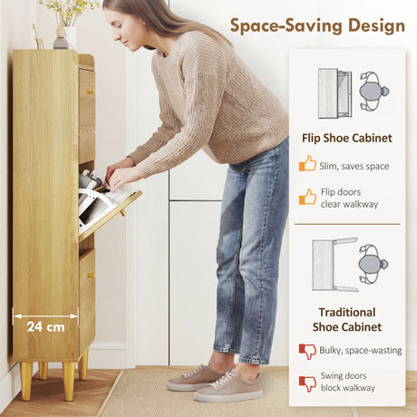 Wooden Shoe Storage Cabinet 60cm Wide Narrow With 3 Flip Doors - Velmora