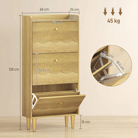 Wooden Shoe Storage Cabinet 60cm Wide Narrow With 3 Flip Doors - Velmora