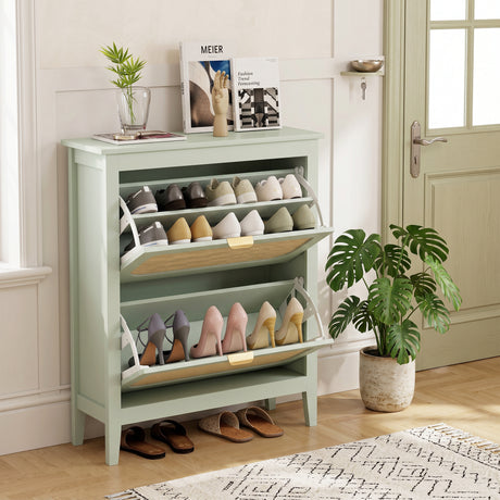 Wooden Shoe Storage Cabinet 80cm Wide With 2 Rattan Flip Doors - Velmora
