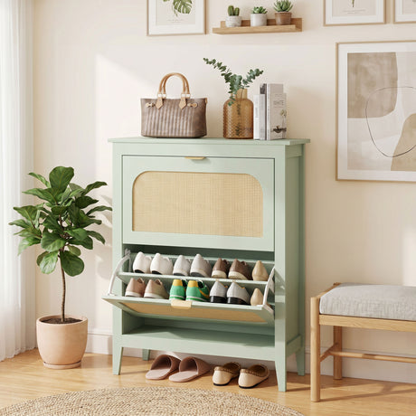 Wooden Shoe Storage Cabinet 80cm Wide With 2 Rattan Flip Doors - Velmora