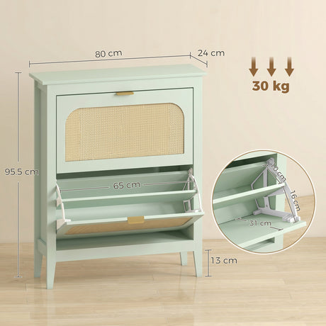 Wooden Shoe Storage Cabinet 80cm Wide With 2 Rattan Flip Doors - Velmora