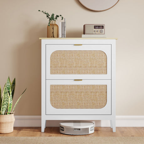 Wooden Shoe Storage Cabinet 80cm Wide With 2 Rattan Flip Doors - Velmora