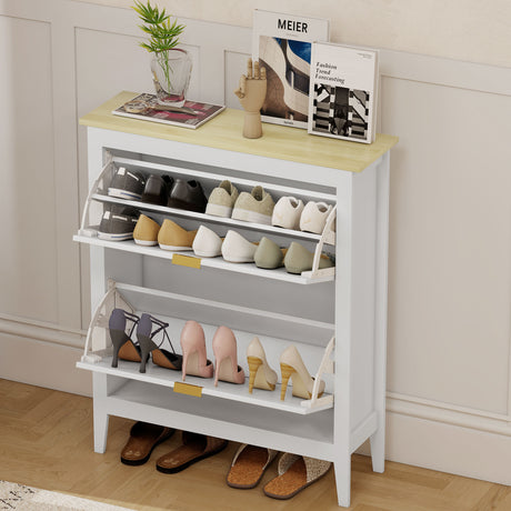 Wooden Shoe Storage Cabinet 80cm Wide With 2 Rattan Flip Doors - Velmora