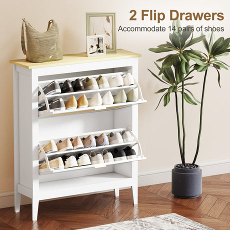 Wooden Shoe Storage Cabinet 80cm Wide With 2 Rattan Flip Doors - Velmora
