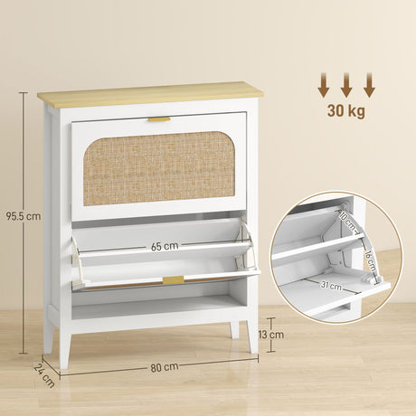 Wooden Shoe Storage Cabinet 80cm Wide With 2 Rattan Flip Doors - Velmora