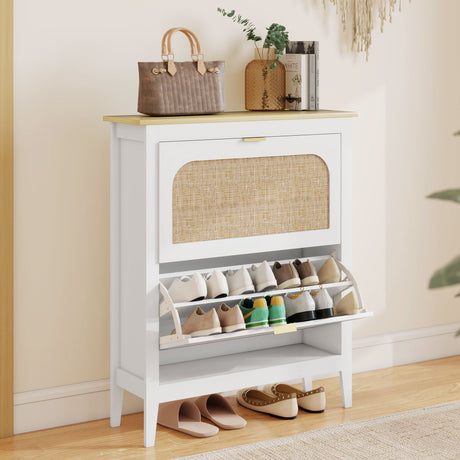 Wooden Shoe Storage Cabinet 80cm Wide With 2 Rattan Flip Doors - Velmora