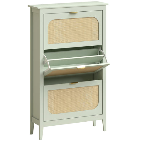 Wooden Shoe Storage Cabinet 80cm Wide With 3 Rattan Flip Doors - Velmora