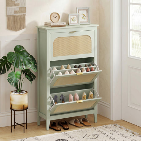 Wooden Shoe Storage Cabinet 80cm Wide With 3 Rattan Flip Doors - Velmora