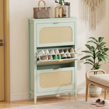 Wooden Shoe Storage Cabinet 80cm Wide With 3 Rattan Flip Doors - Velmora
