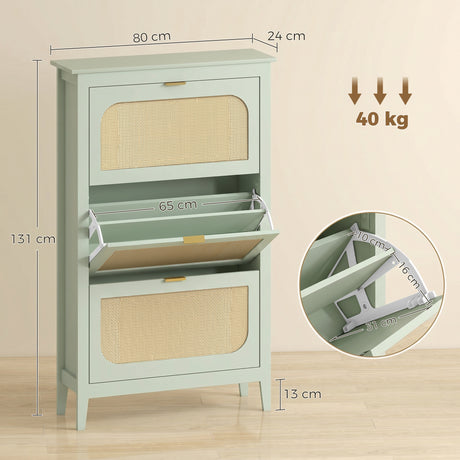 Wooden Shoe Storage Cabinet 80cm Wide With 3 Rattan Flip Doors - Velmora