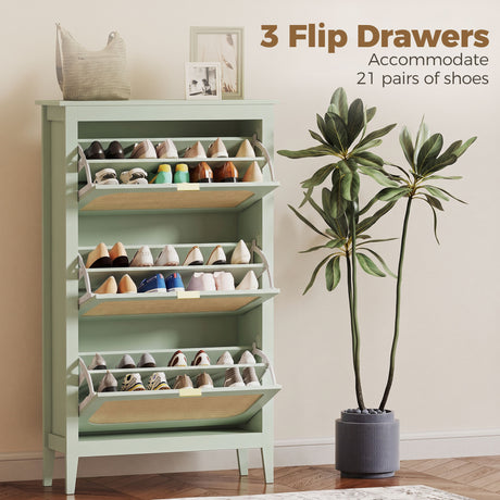 Wooden Shoe Storage Cabinet 80cm Wide With 3 Rattan Flip Doors - Velmora