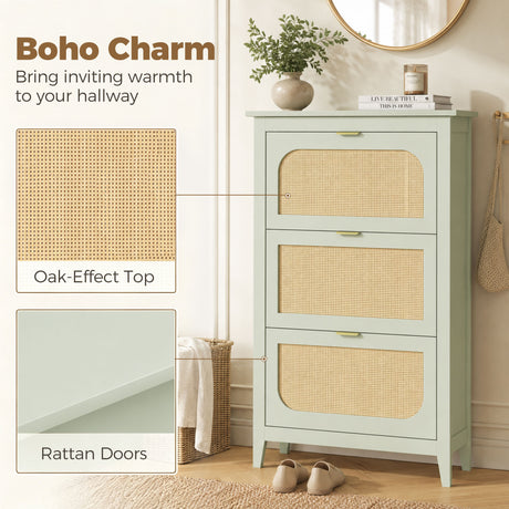 Wooden Shoe Storage Cabinet 80cm Wide With 3 Rattan Flip Doors - Velmora