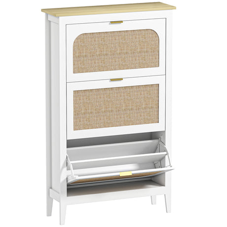 Wooden Shoe Storage Cabinet 80cm Wide With 3 Rattan Flip Doors - Velmora