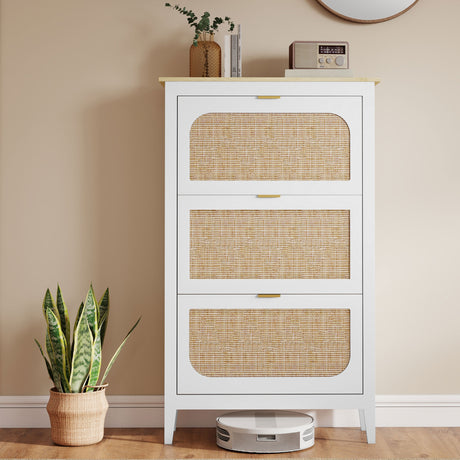 Wooden Shoe Storage Cabinet 80cm Wide With 3 Rattan Flip Doors - Velmora