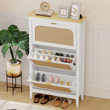 Wooden Shoe Storage Cabinet 80cm Wide With 3 Rattan Flip Doors - Velmora