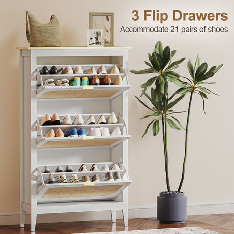 Wooden Shoe Storage Cabinet 80cm Wide With 3 Rattan Flip Doors - Velmora