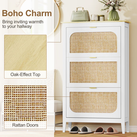 Wooden Shoe Storage Cabinet 80cm Wide With 3 Rattan Flip Doors - Velmora
